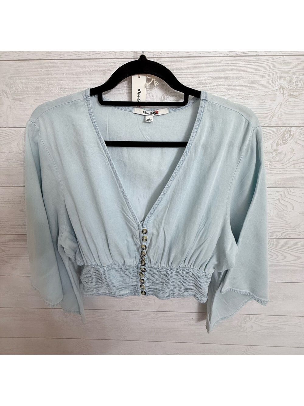 Miss Selfie Women’s Light Blue Long Sleeve Crop Top. Size L - Picture 3 of 6
